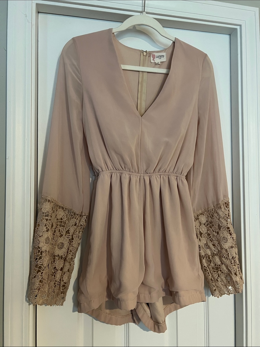L'ATISTE Blush Lace-Cuff V-Neck Romper